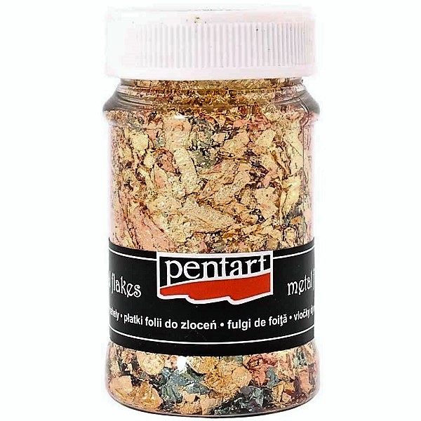 Поталь "Pentart", хлопья, ассорти М11, золото/медь/бронза в банке 100мл. Поталь "Pentart", хлопья, ассорти М11, золото/медь/бронза в банке 100мл.